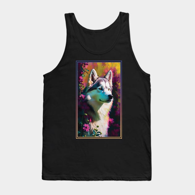 Husky Dog Vibrant Tropical Flower Tall Digital Oil Painting Portrait Tank Top by ArtHouseFlunky